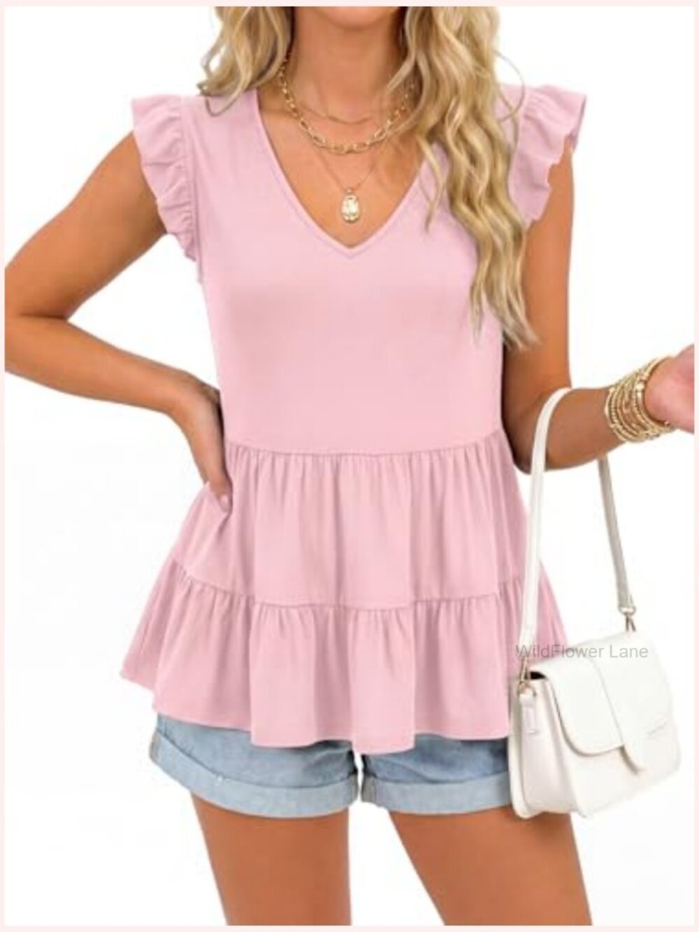 V Neck Sleeveless Ruffle Hem Peplum Babydoll Tank Top Dressy Casual Blouse - Picture 3 of 7